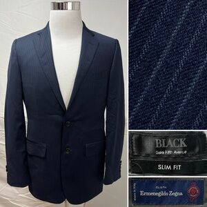 Ermenegildo Zegna Saks Men’s 38R Wool Silk Slim Fit Navy Pinstripe Blazer Jacket